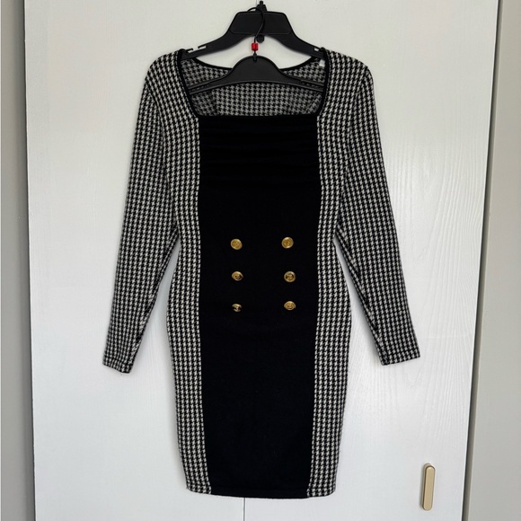 100% Cashmere Warm Long Sleeves Square Neck Houndstooth Dress 6 golden buttons S - Picture 2 of 10
